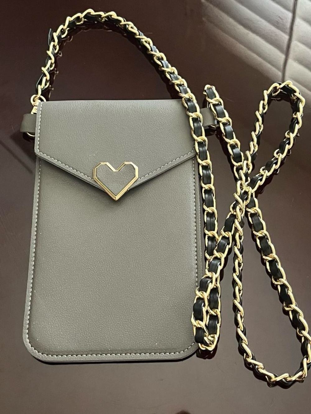 Gray Crossbody Phone Pouch with Gold Heart Accent and Chain Strap
